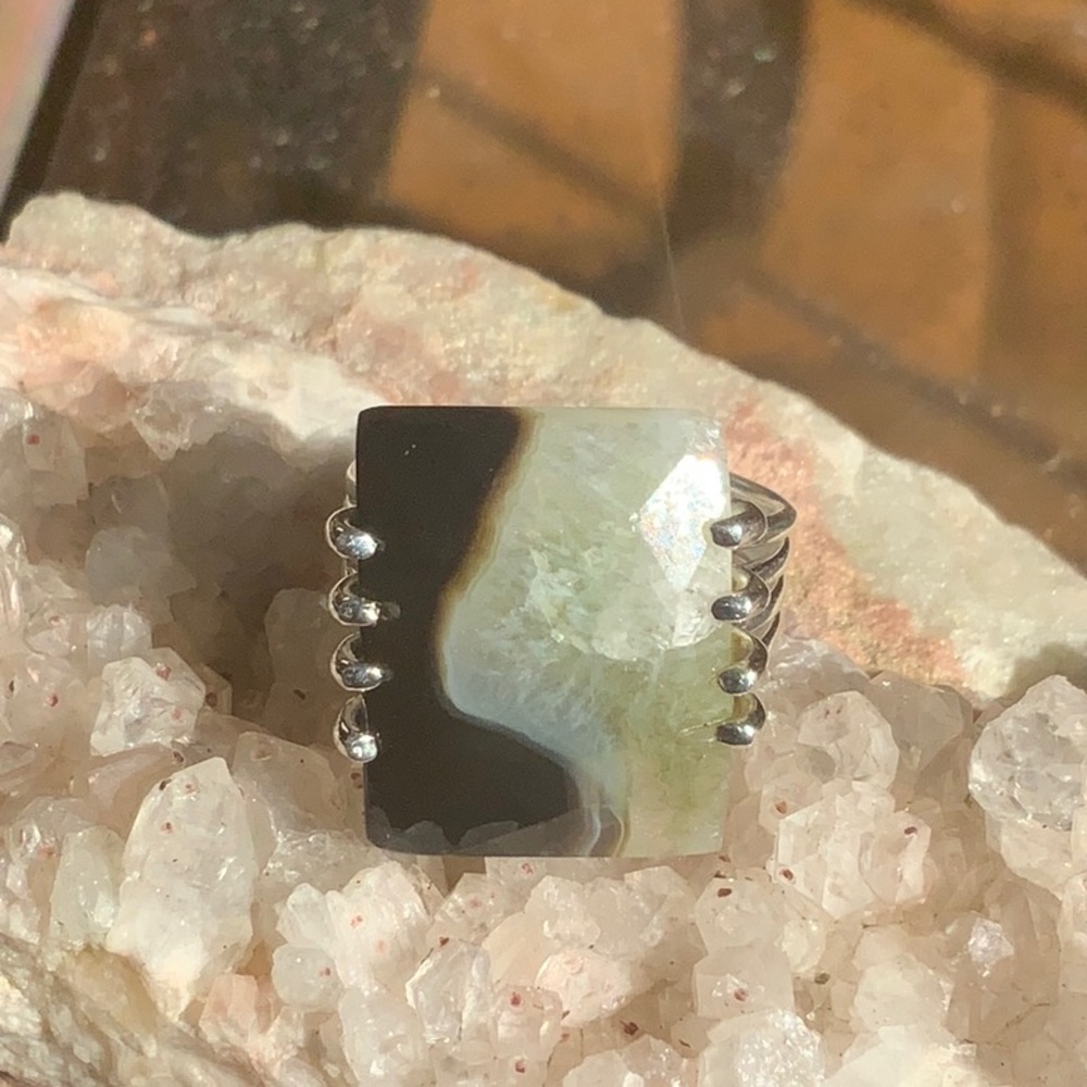 Silver Ring with Green and Brown Agate Square Stone